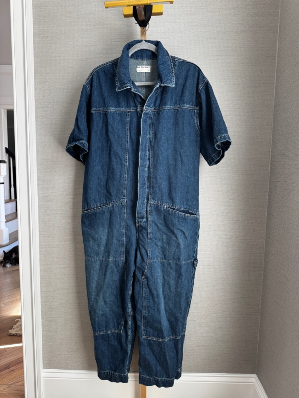 FREE PEOPLE WE THE FREE fold rush Blue DENIM JUMPSUIT WOMEN'S Med Barrel Style